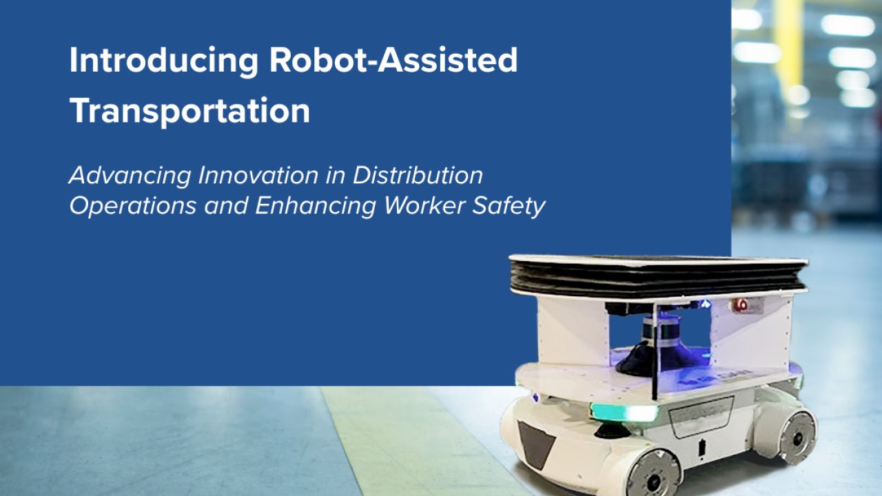 Gildan's transportation robot featured against a factory floor and solid blue backdrop.