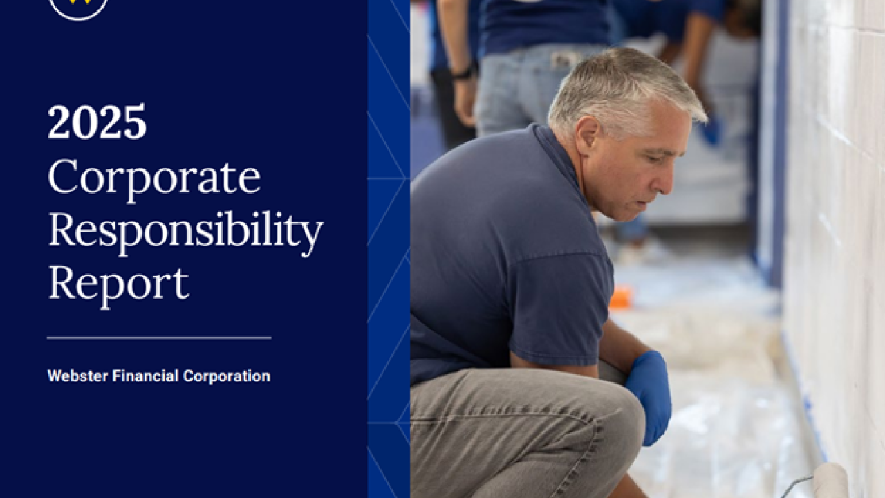 Cover of Webster 2025 Corporate Responsibility Report featuring a colleague painting a wall with a paint roller.