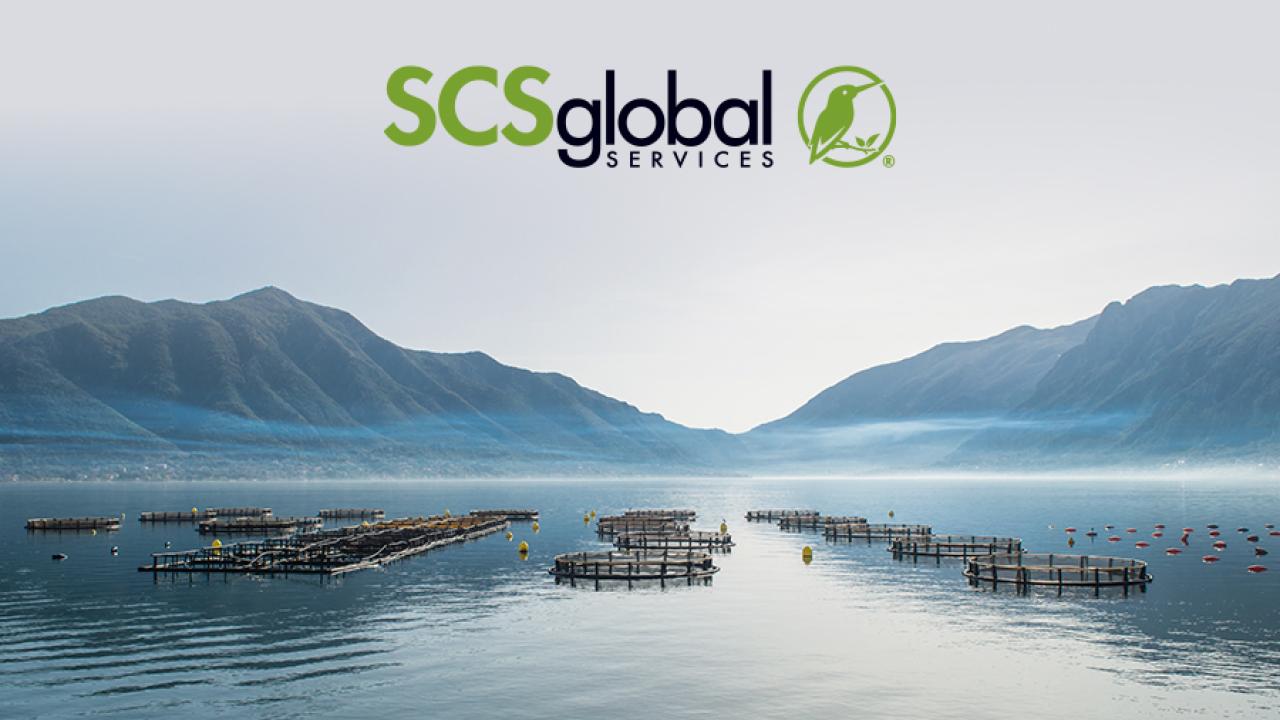 Aquaculture pens with SCS Global Services logo