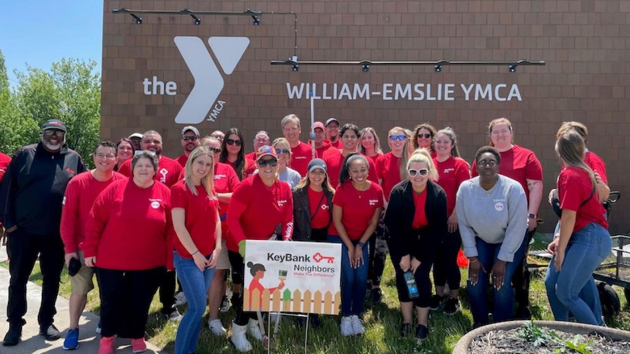 KeyBank volunteers shown in front of William-Emslie YMCA.