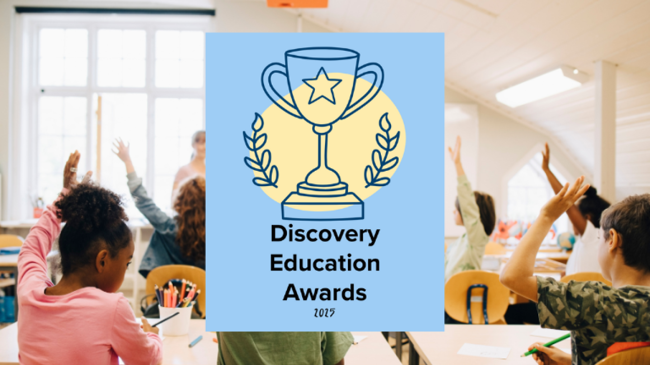children in a class with "Discovery Education Awards" logo