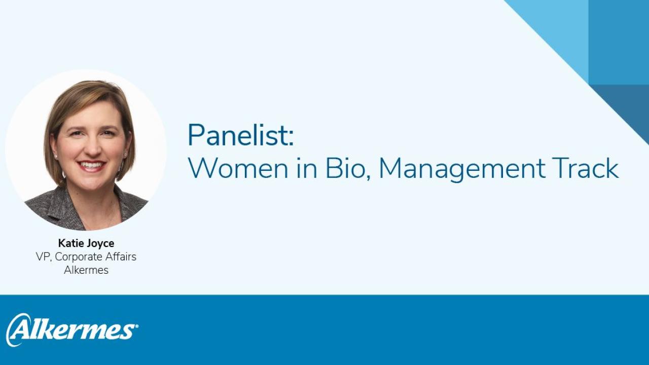 Headshot of Katie Joyce on a blue background with the text "Panelist: Women in Bio, Management Track"