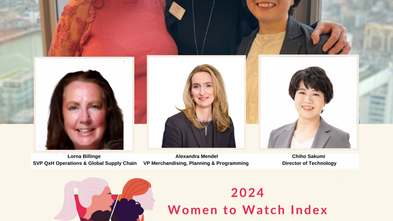 Lorna Billinge, SVP Operations & Global Supply Chain, Alexandra Mendel, VP Merchandising, Planning & Programming (QVC UK) and Chiho Sakumi, Director, Technology (QVC Japan) are pictured together with the Women to Watch Index and Qurate Retail Group logos. 