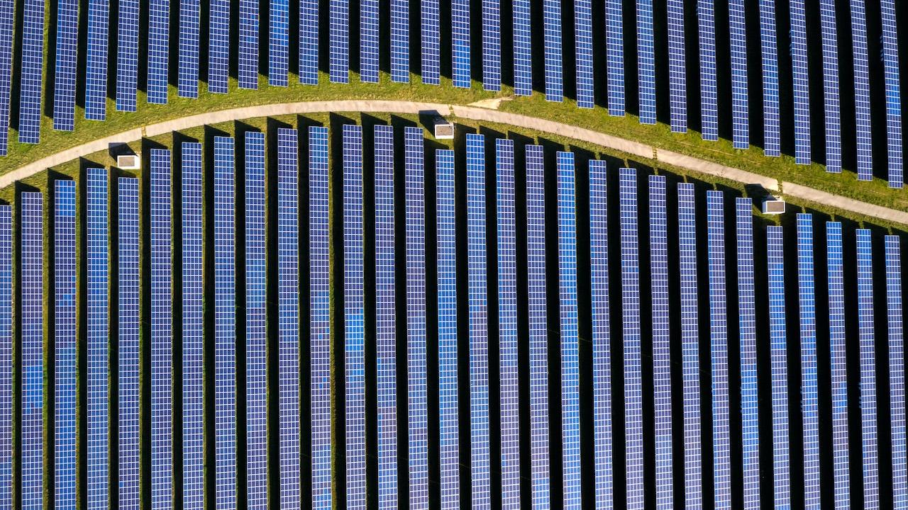 A field of solar panels is shown with a winding path in the middle of it.