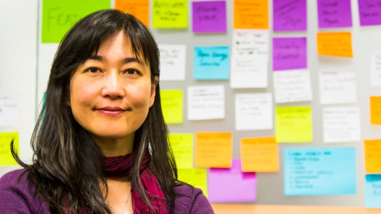 women with wall of post it notes behind her