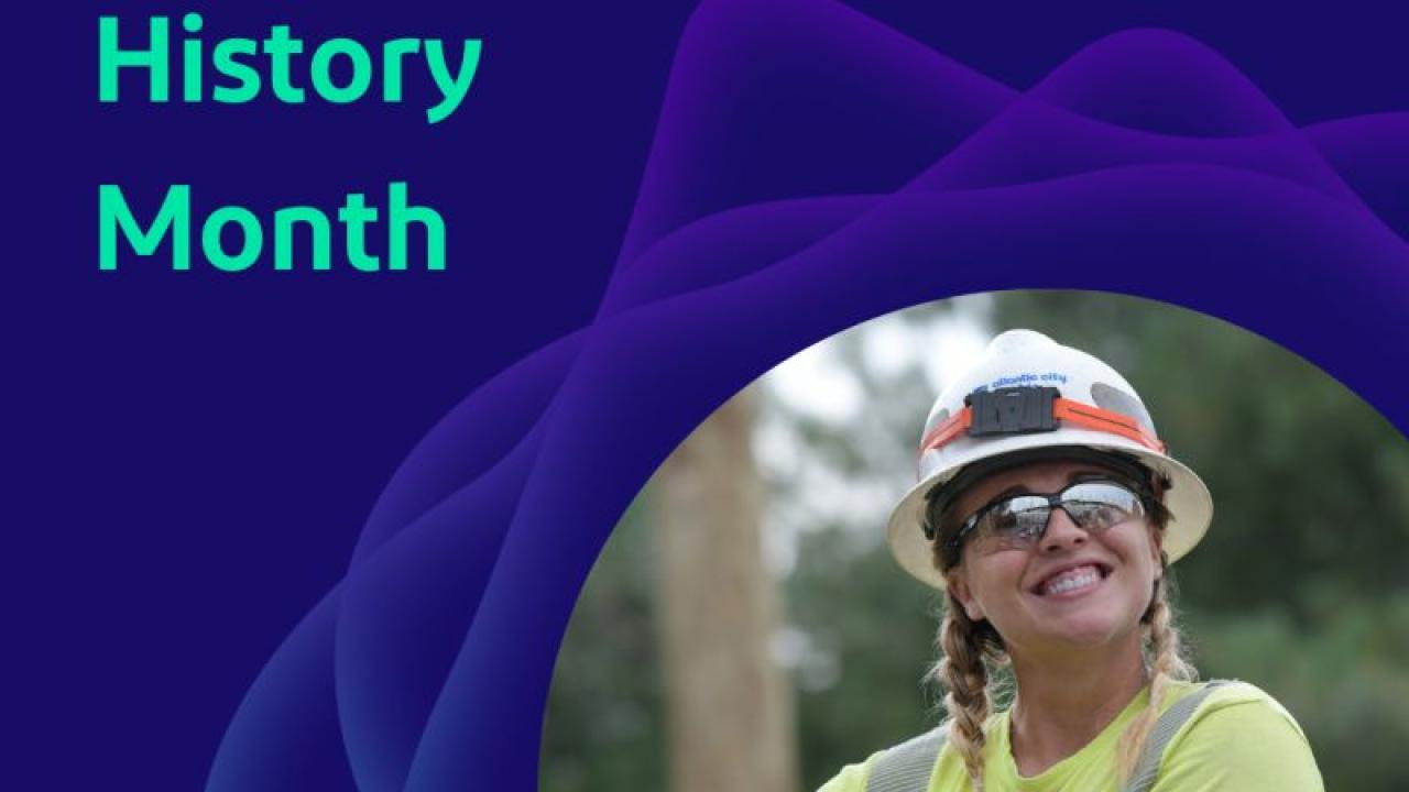 "Women's History Month" and a person in high-vis shirt and hard hat smiling at the camera.
