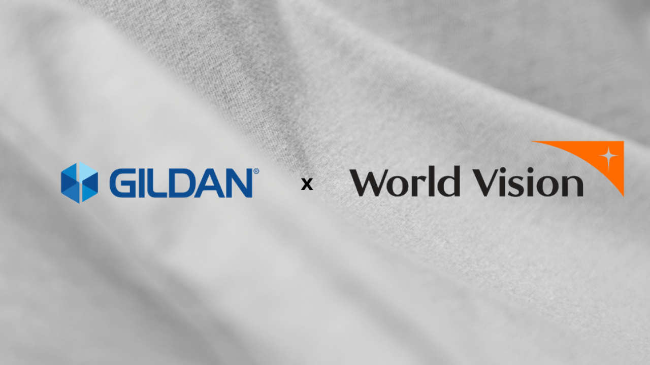 Gildan and World Vision logos placed on a grey fabric background