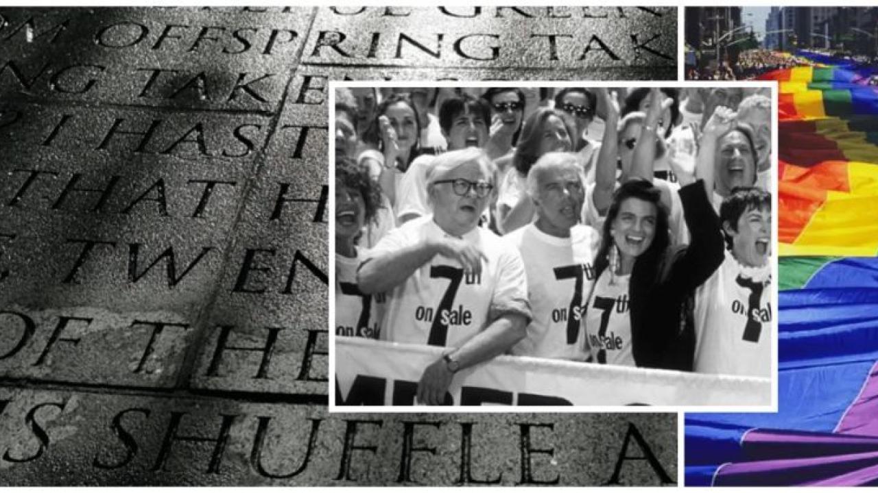 Collage of photos. Black and white engraved words on a stone, A rainbow of fabrics stretching down a street, and a black and white photo of a group of people all wearing 7th on sale shirts and cheering.