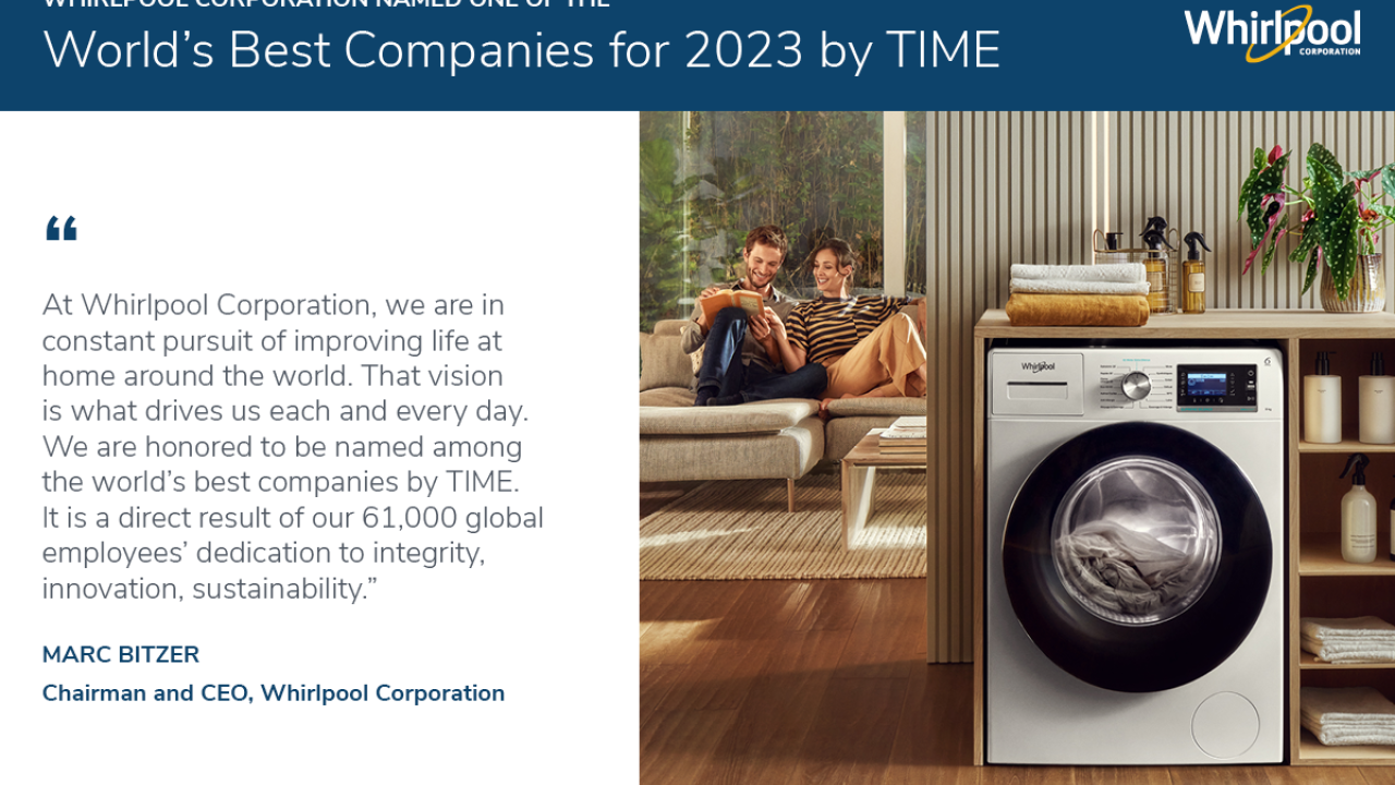 "World's Best Companies for 2023 by TIME" with quote in article and image of washing machine