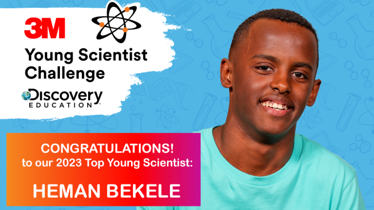 headshot of Heman Bekele on a blue background with the text "CONGRATULATIONS! to our 2023 Top Young Scientist: HEMAN BEKELE"