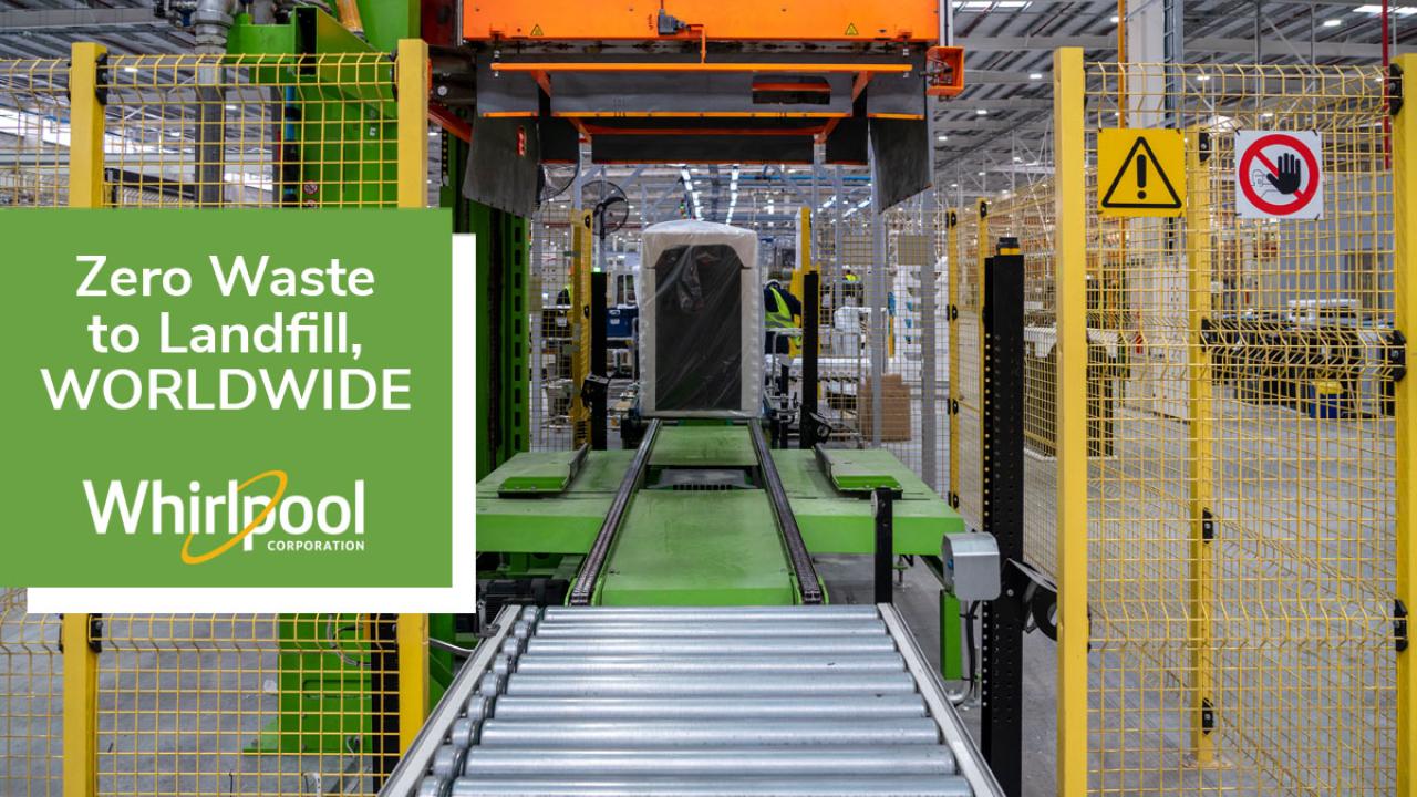 Image of a manufacturing site with a logo that reads "Zero Waste to Landfill WORLDWIDE"