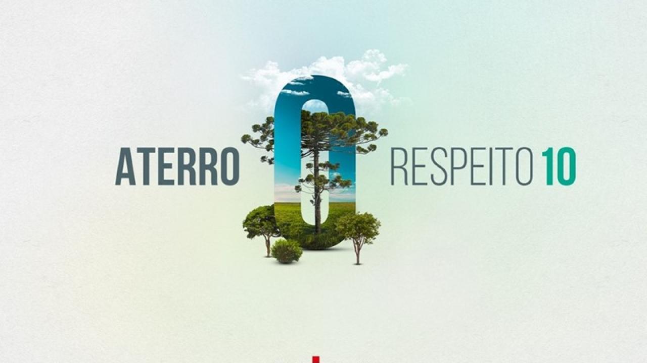"Aterro Respeito 10" with CNH logo and a large 0 with sky, grass and trees integrated.