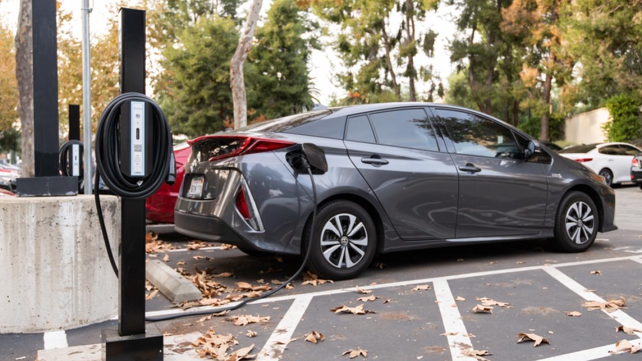 an EV at a charging station