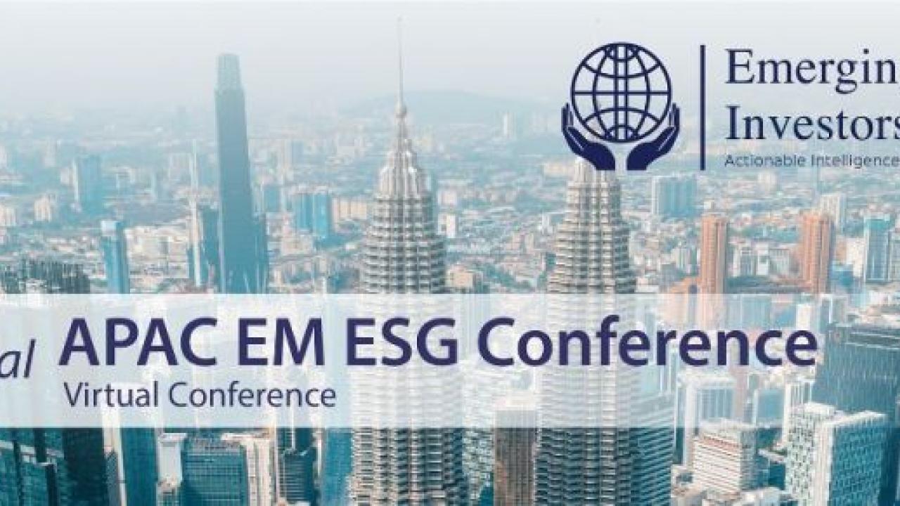 City skyline with text: 2nd Annual APAC Emerging Markets ESG Conference