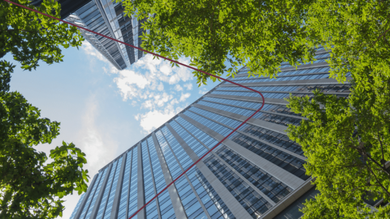upward view of a tall building and trees