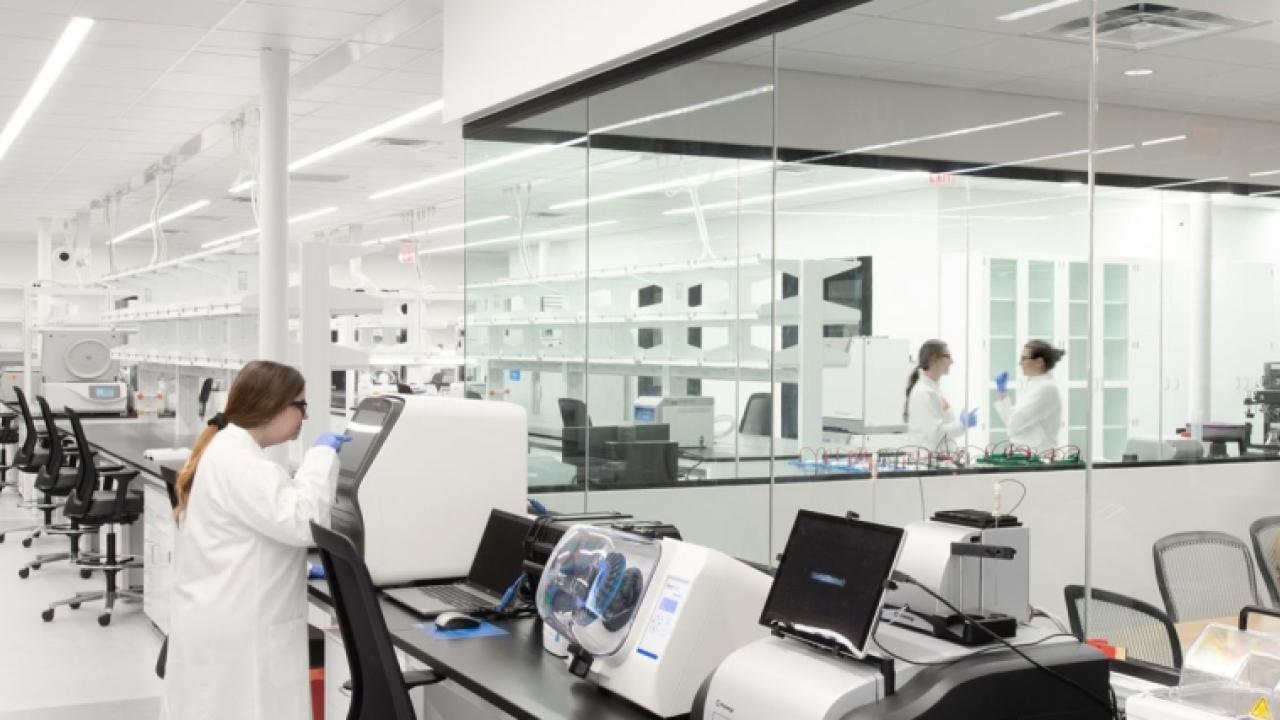 Lab office space, empty shelves and office chairs at many stations. A person in a connected office space.