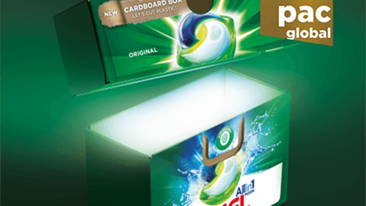 Digital image of Ariel detergent box and "pac global best of show 2023 award" badge.