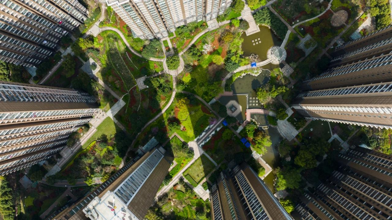 aerial view of a green courtyard in between skyscrapers
