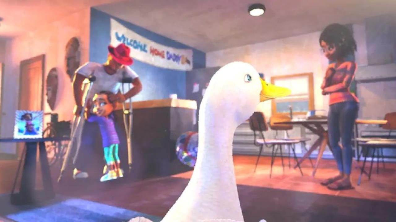 Aflac Close the Gap image. Young African American child is hugging an adult on crutches. The Aflac duck is in the foreground and a young African American female is standing with her arms crossed in the background.