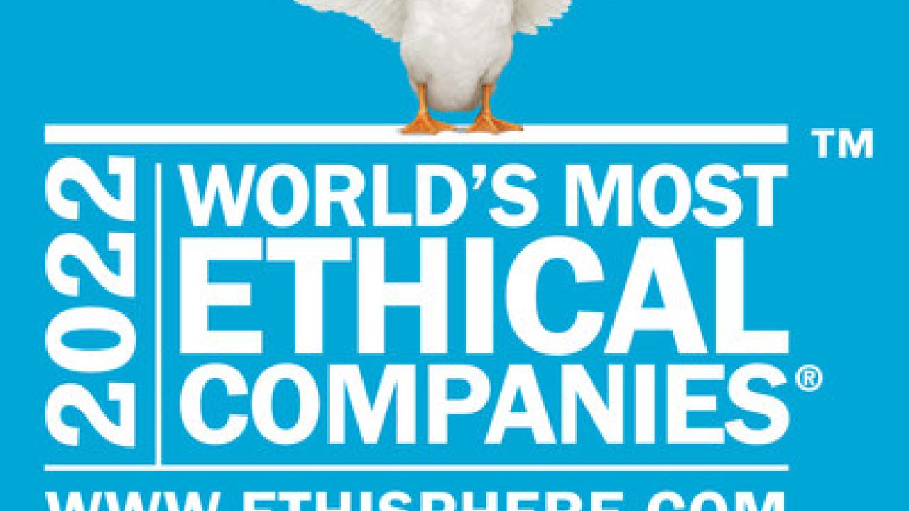 2022 World's Most Ethical Companies. 16 Time Honoree. WWW.Ethisphere.com. Image of Aflac duck mascot.