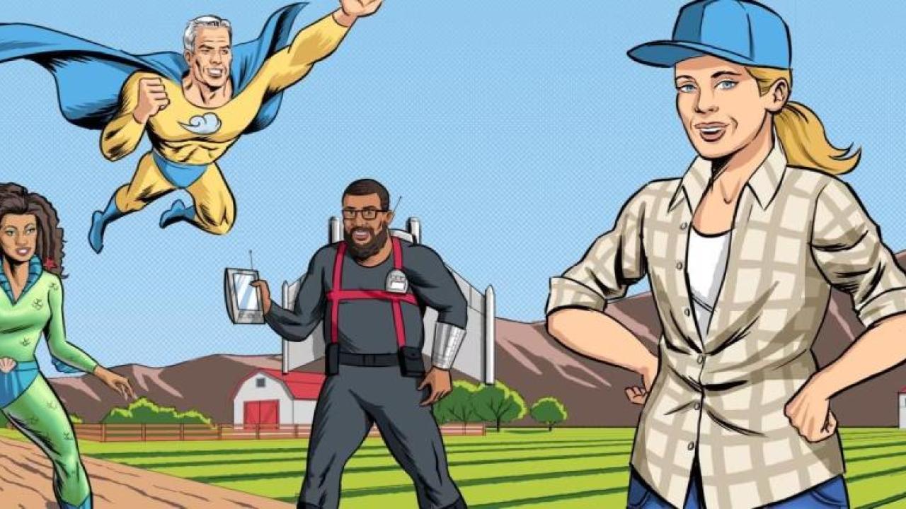 a comicboook-style illustration of superheros and a farmer