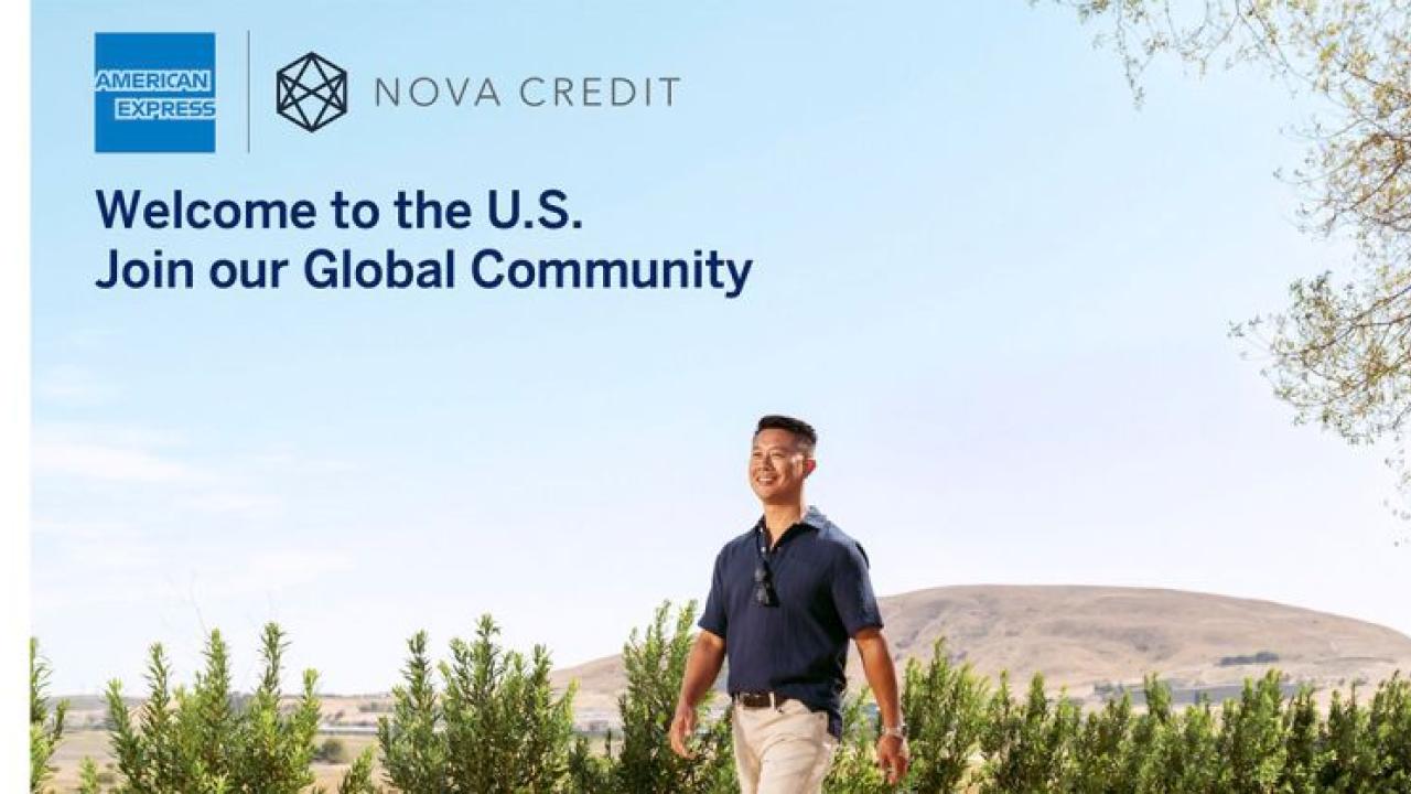 American Express and Nova Credit: Welcome to the US; Join our Global  Community. Man walking next to trees. 
