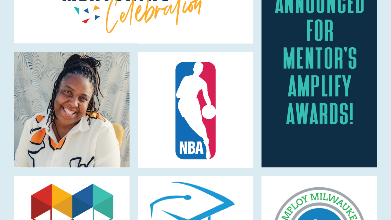 The words Amplify Mentoring Celebration, Winners Announced for Mentor's Amplify Awards with a photo of Torie-Weiston Serdan, and logos from MENTOR New York, Fresno Unified School District, and Employ Milwaukee