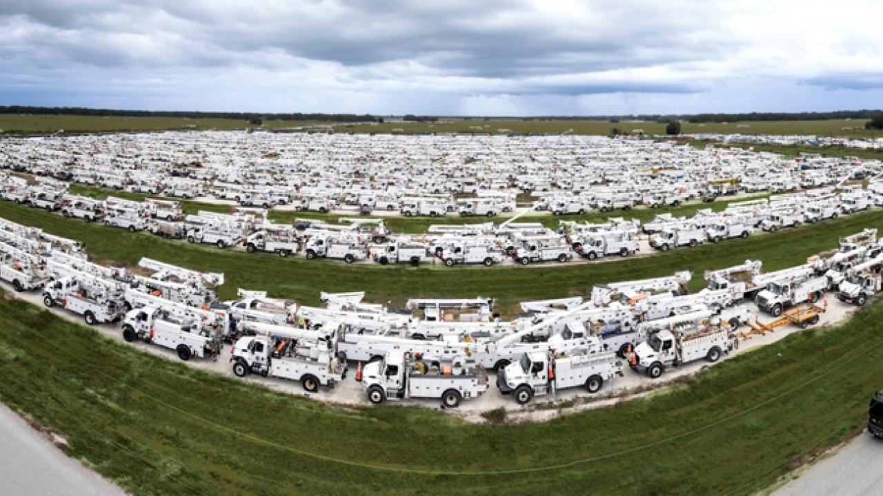 Wide angle view of Duke Energy vehicles