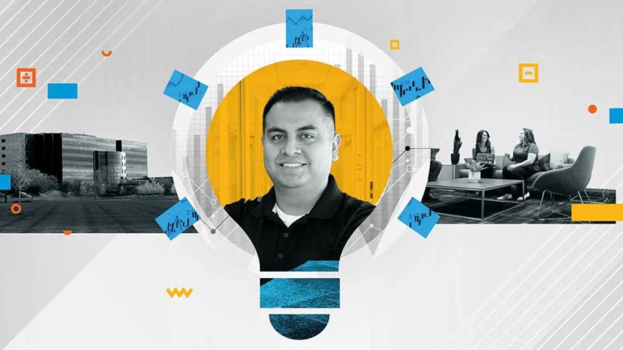 Derly Apaza profile surrounded with abstract images of a lightbulb, charts, an office building.