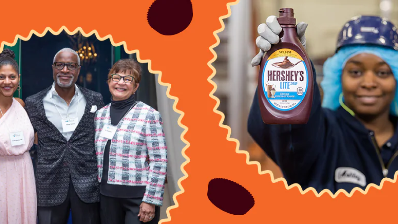 Photos of Hershey employees, one holding a Hershey syrup bottle 