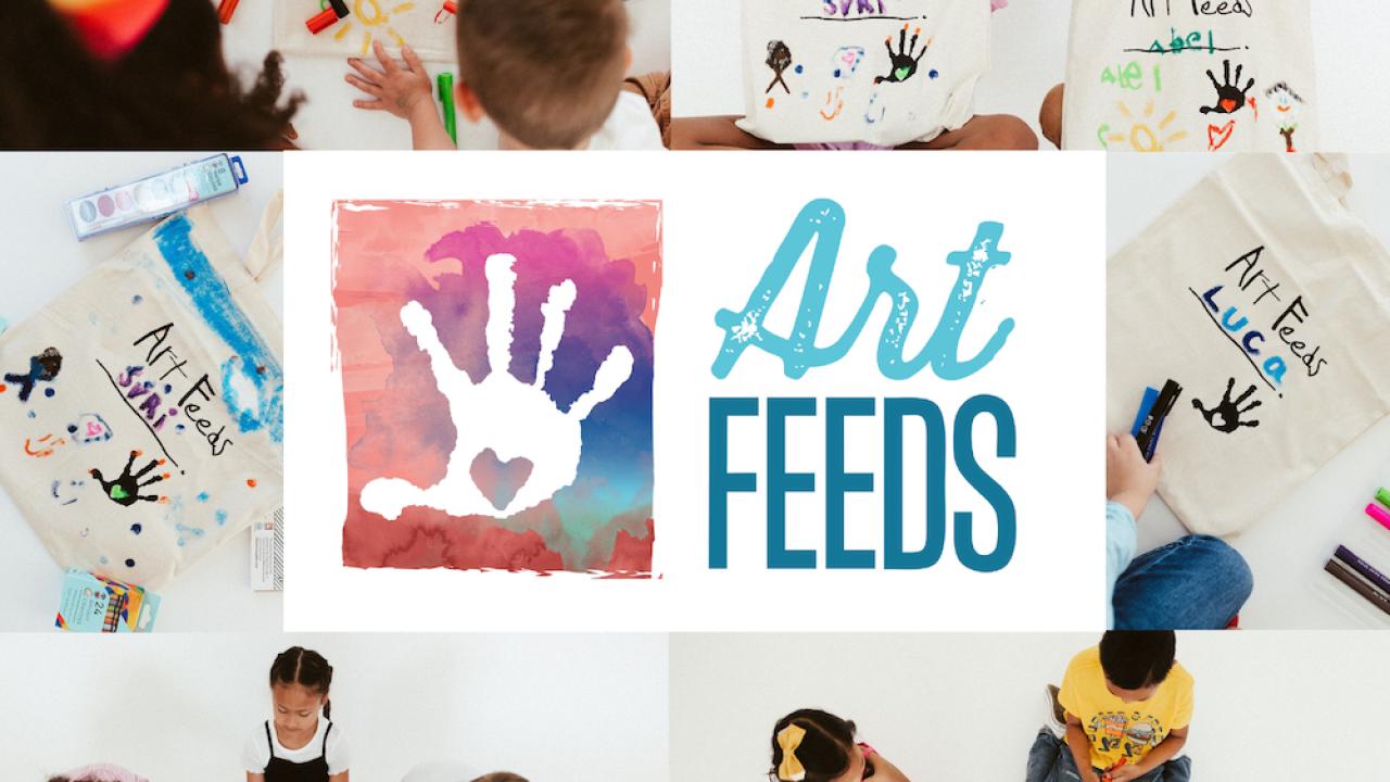 Collage of children doing art projects and the Art Feeds logo