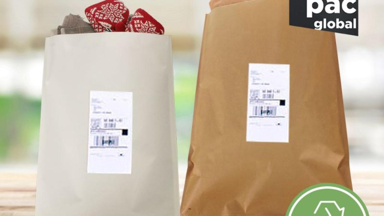 Two shipping bags with items inside on a flat wooden surface. SEE and Autobag logos. "Best in Class 2024 Awards pac Global" badge and recycling symbol in the corner.