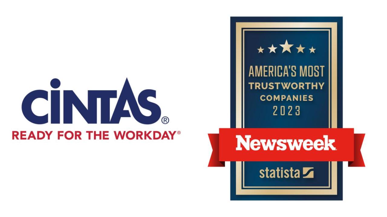 Logo: America's Most Trustworthy Companies, 2023, Newsweek, statista with Cintas logo