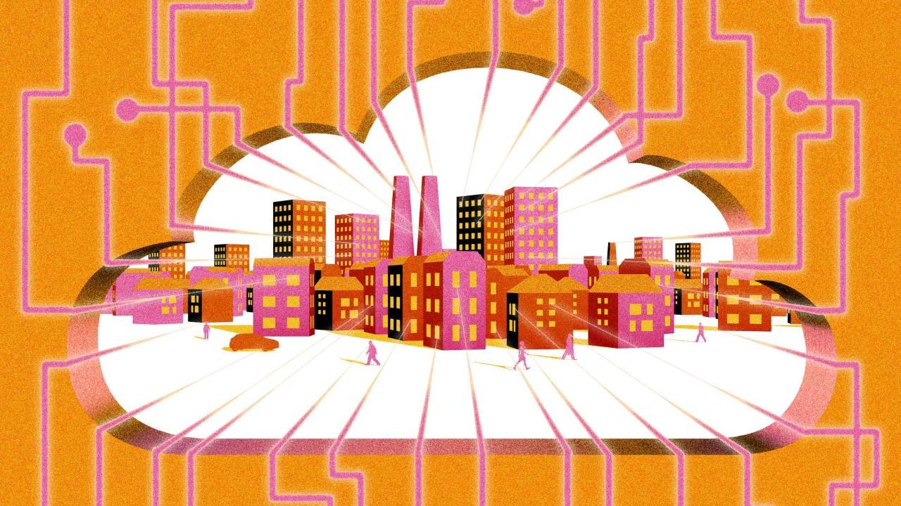 pink circuit board wiring connecting to a pink and orange city in a cloud