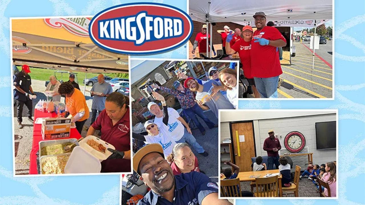 Collage of volunteers cooking and people getting food. Kingsford logo on top.