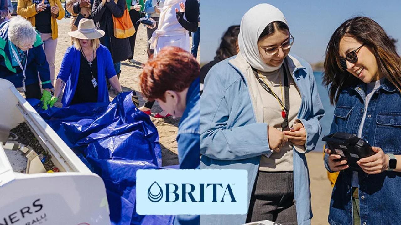 Two images of volunteers on a beach collecting waste from the robot and talking together. Brita logo central.