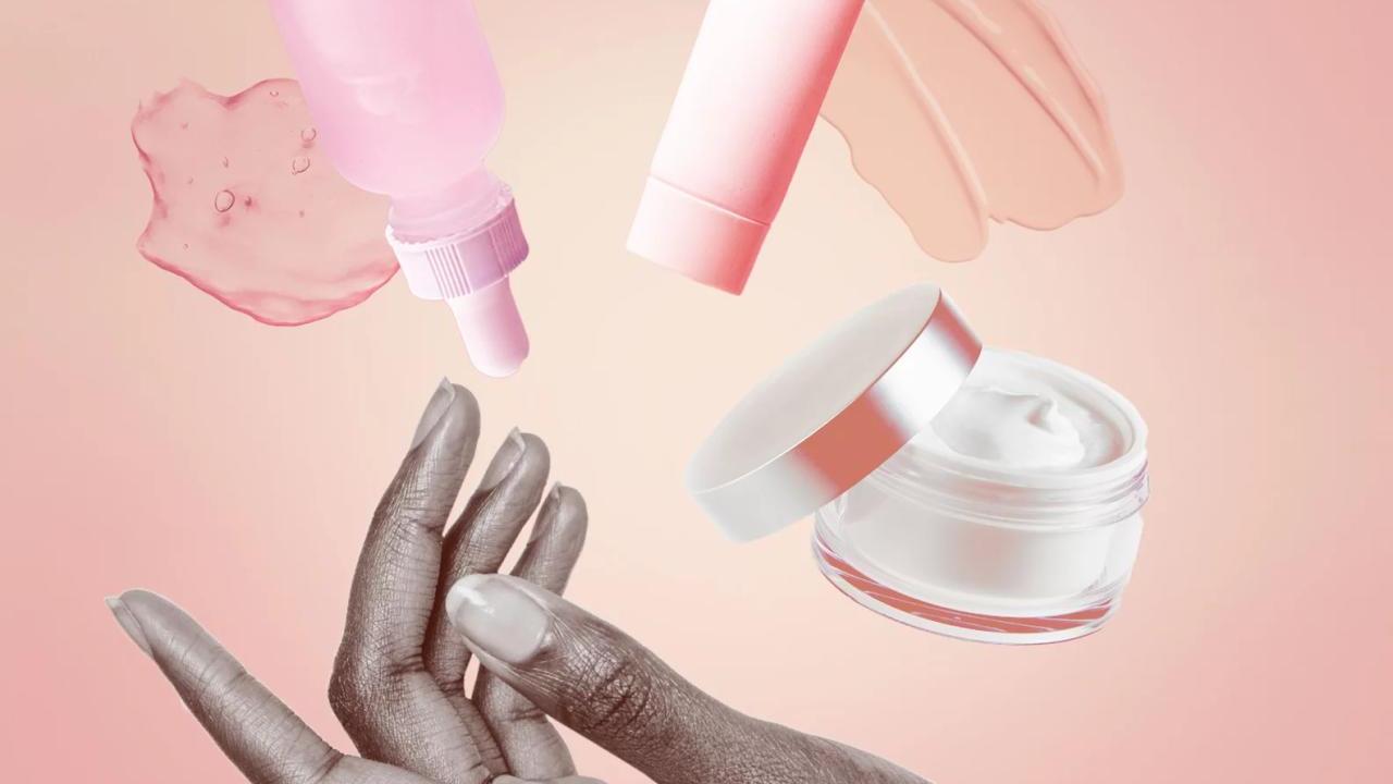 An outstretched hand. Different beauty products suspended above it.