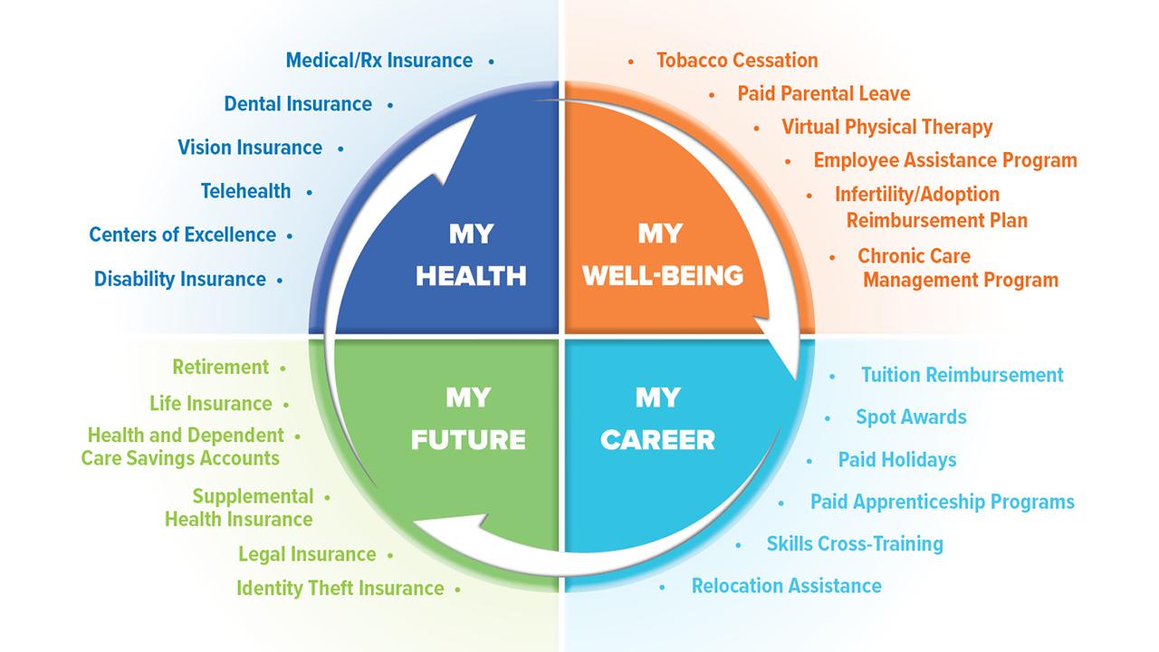 Info graphic circular chart of all the employee benefits in four categories.