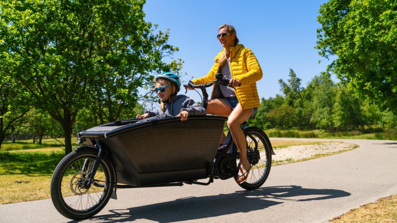 An adult operating a bicycle with large compartment in front with a child sitting inside.