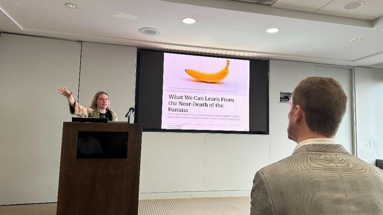 A presenter at a podium, a display behind them.