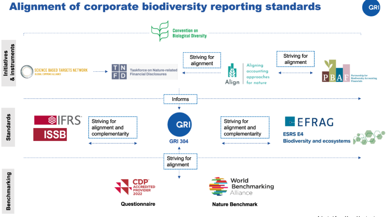 "Alignment of corporate biodiversity reporting standards." Info graphic with three categories and company logos in each category.