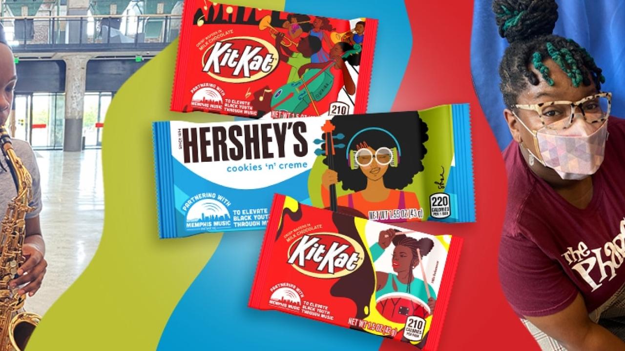 two musicians playing a saxophone and guitar, three candy bars in the middle