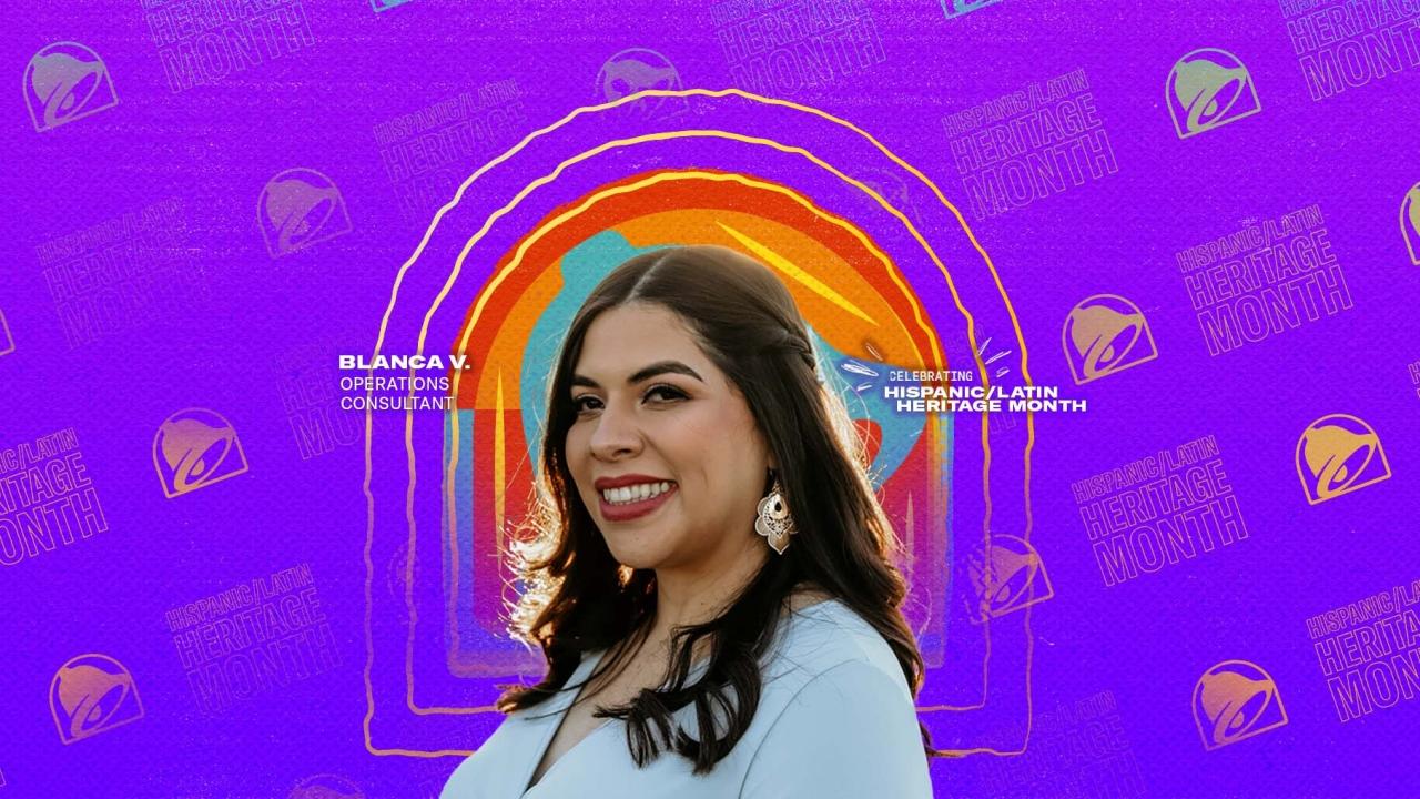Blanca V operations consultant, a colorful background with taco bell logos.