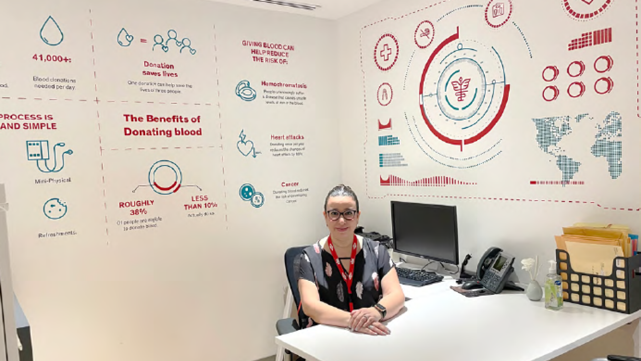 A person sitting at a desk in an office. A large informative mural on the wayy "The benefits of donating blood"