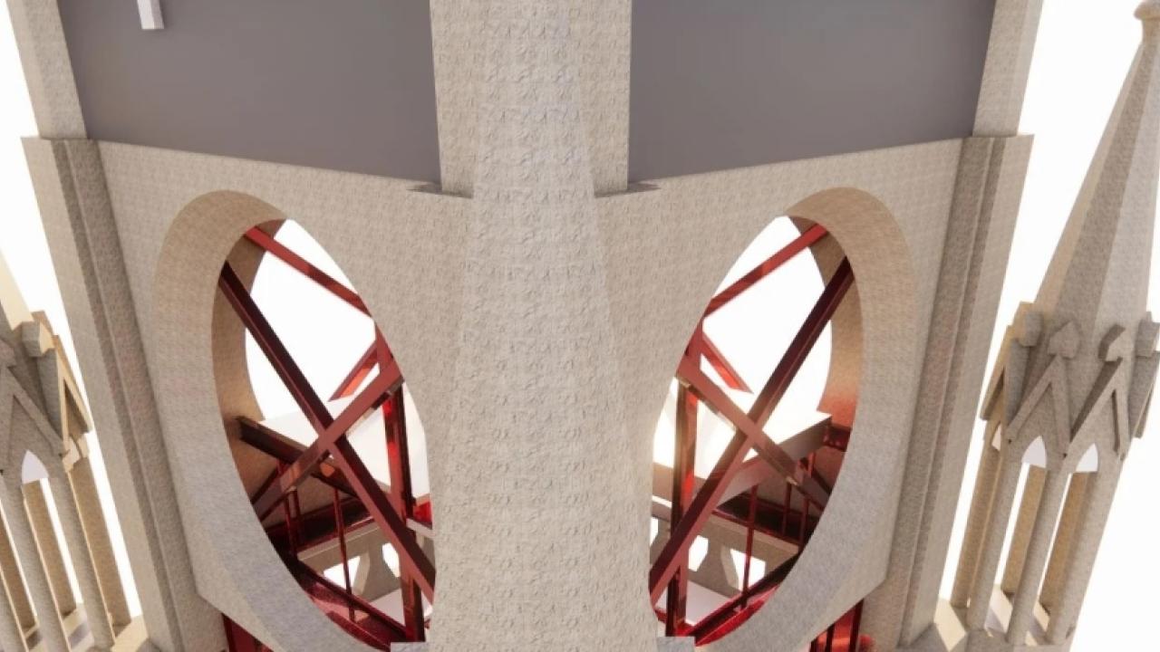 close up architectural image of a church tower
