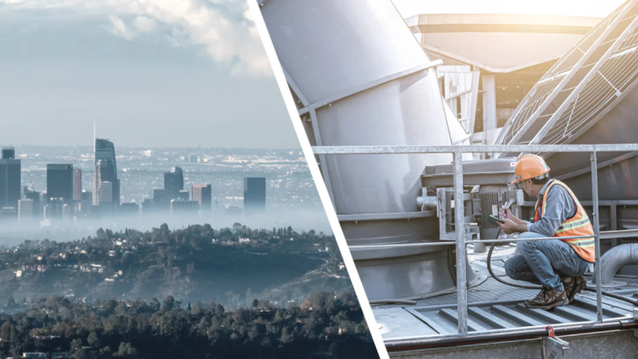 Left: City skyline. Right: Electrician working on top a building