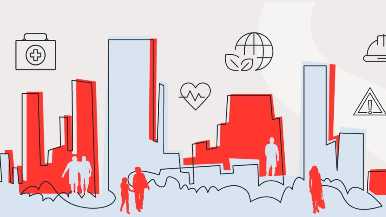 abstract image of silhouettes in front of a city skyline in light blue and orange. icons in the sky above the buildings representing different medical and safety symbols