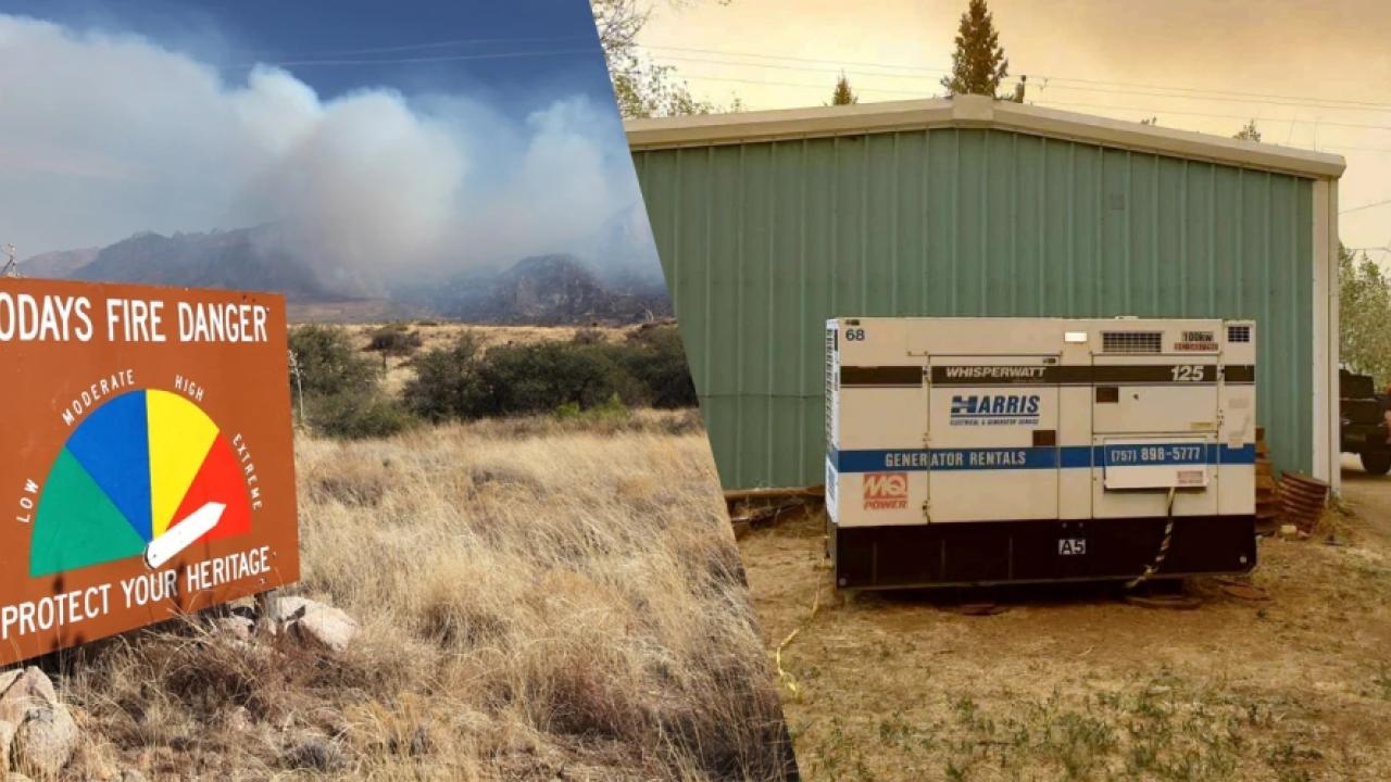 split images of fire danger scale and a team next to an outdoor generator