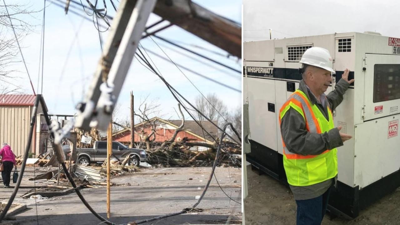 two images, left two people walking arms around each other through debris, fallen power lines. Right  two workers stand beside a generator