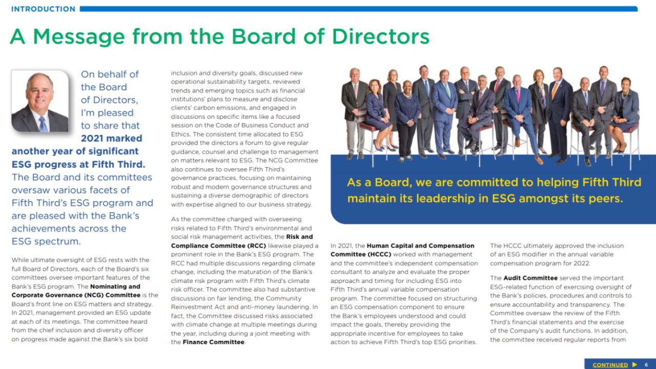 A message from the board of directors. The full letter typed out and photos of the entire group and the president